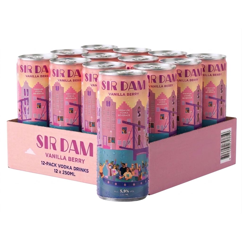 Sir Dam Vanilla Berry Vodka Blikjes 12-Pack (12x 250ml) — Pre-order